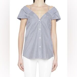 Theory Hartman Navy Striped Cotton Off Shoulder Button Down Blouse Sz M